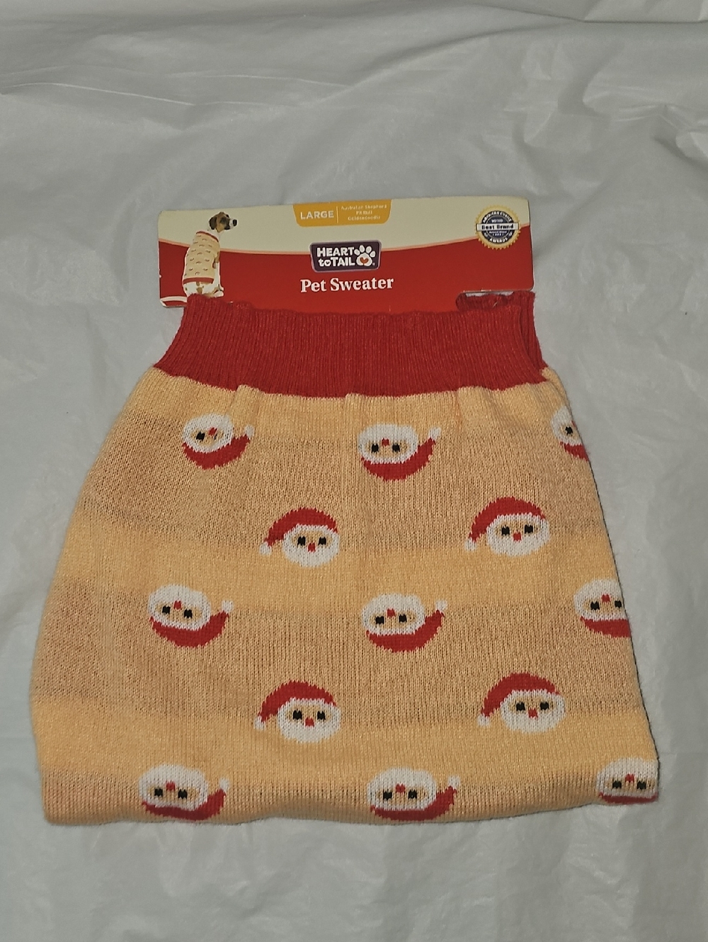 Heart to Tail Size Large Santa Face Christmas Holiday Dog Sweater, Peach-Red New